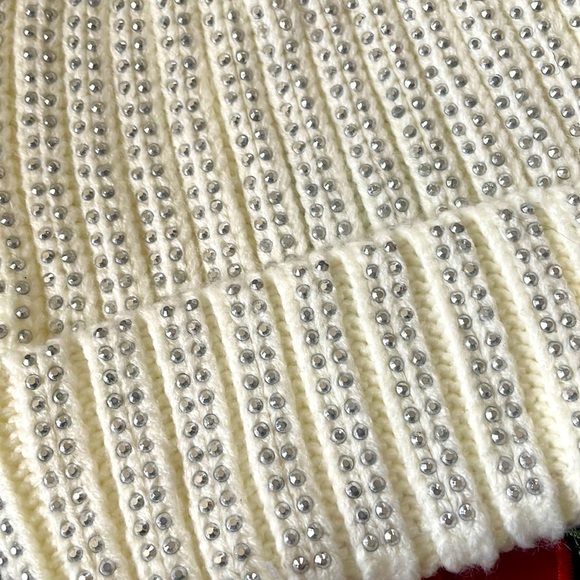 Brand New French Connection Pom Beanie Cable Knit Hat Light Cream Silver Studded main image 5